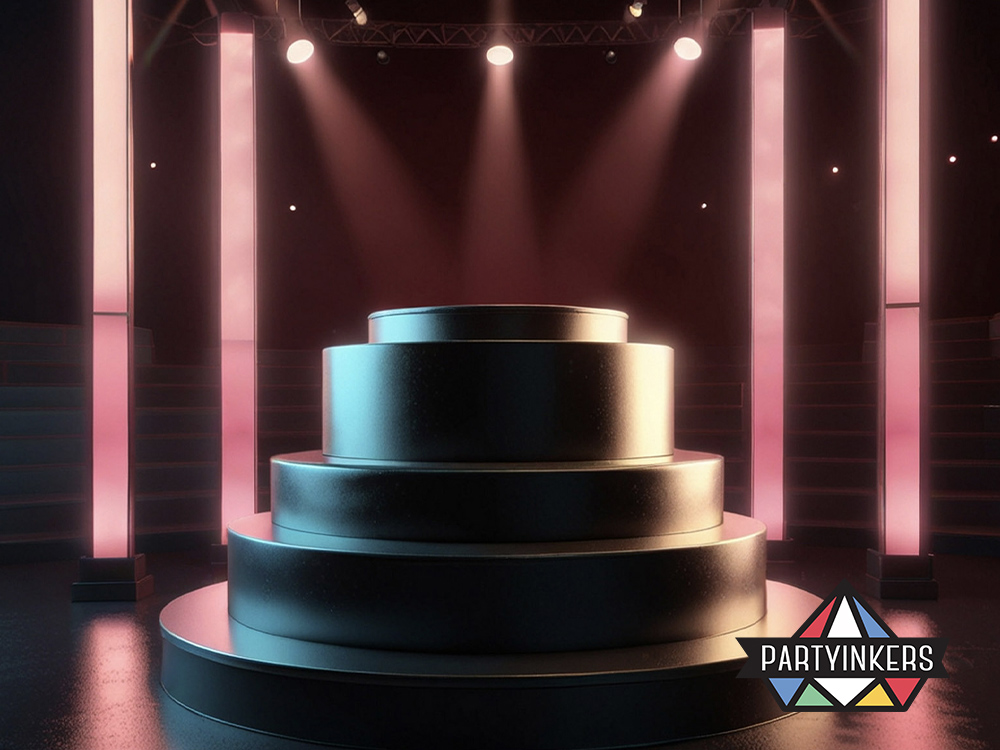An illuminated stage setup in a modern venue, highlighting the importance of choosing a unique and brand-reflective location for a product launch.