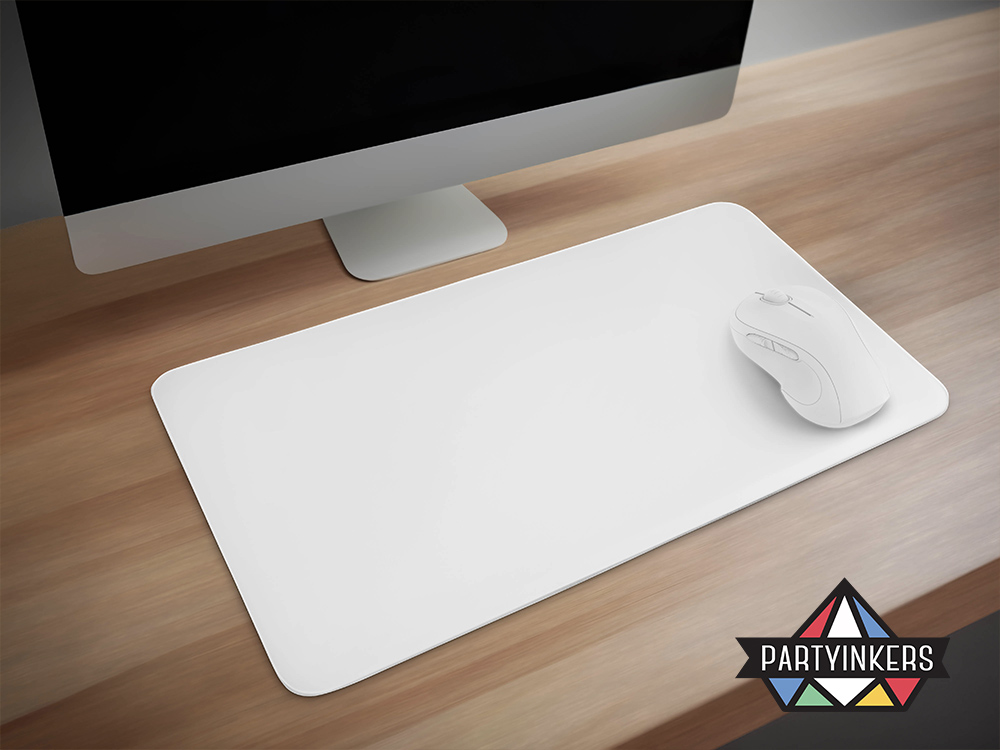  clean and modern workspace featuring a white mouse and a large, blank mouse pad ready for customization as conference gifts for attendees, showcasing the potential for personalized designs provided by Partyinkers' live printing service.