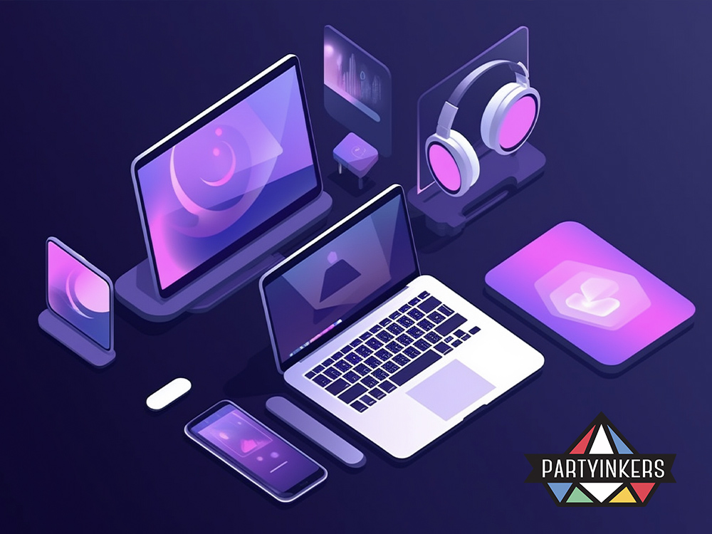 A vibrant collection of tech gadgets including laptops, smartphones, headphones, and wireless devices, showcasing ideal conference gifts for attendees with a focus on personalization.