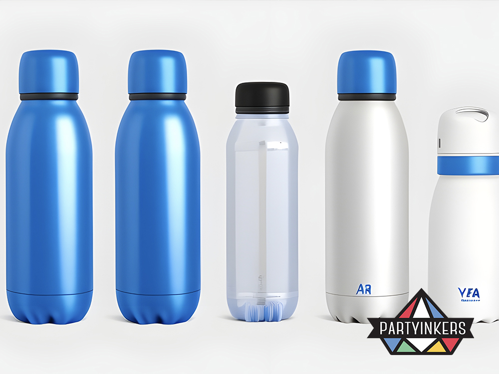 A variety of customizable water bottles in different shapes and sizes, perfect for conference swag, showcasing the options for personalized designs using Partyinkers' live printing service.