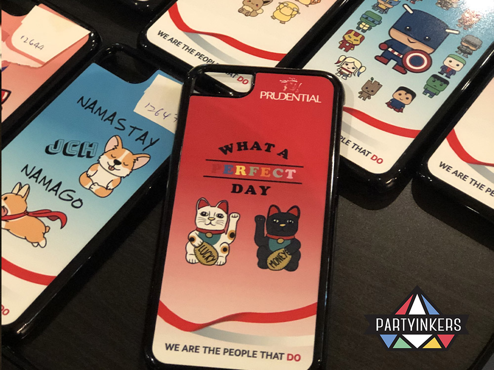 A collection of personalized phone cases with fun custom designs as conference gifts for attendees at the Prudential event using Partyinkers' live digital printing service.