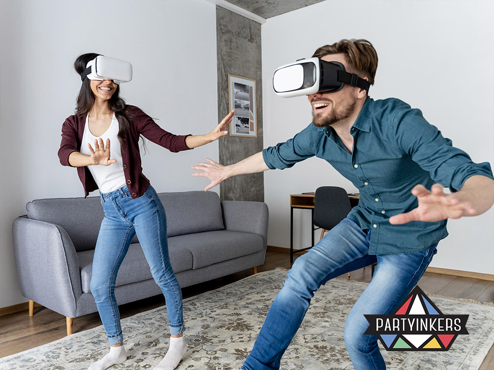 Two attendees wearing VR headsets and interacting with a virtual environment, showcasing the immersive and engaging experience of Virtual Reality (VR) as an interactive booth idea at events.