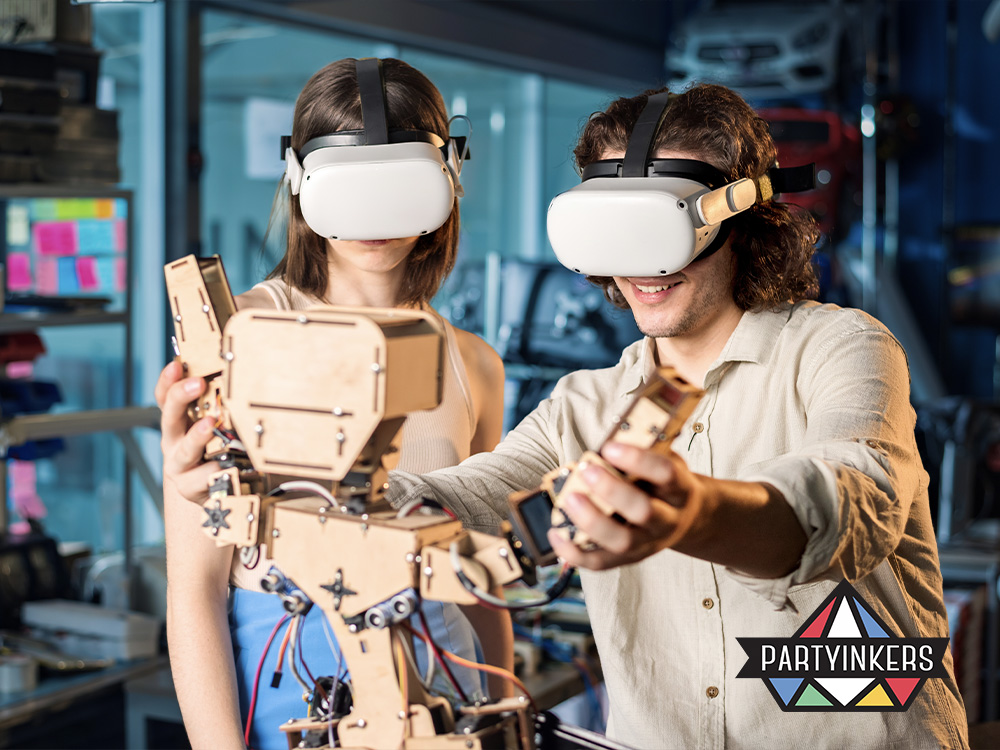 Two participants using virtual reality (VR) headsets while interacting with a robot model at an event, highlighting one of the interactive event ideas where immersive technologies like VR provide engaging, hands-on experiences for attendees.