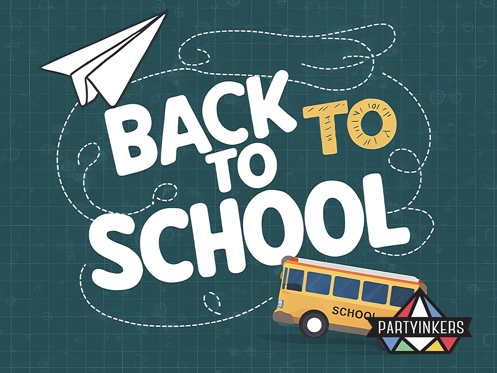  A playful "Back to School" Dinner and Dance theme featuring a chalkboard background, a paper airplane, and a school bus design, evoking nostalgia and creativity for corporate events.