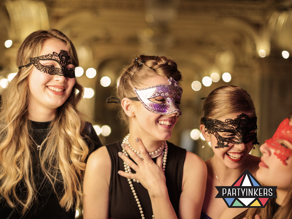 A glamorous "Masquerade" Dinner and Dance theme featuring guests in elegant masks and formal attire, enjoying a sophisticated and mysterious atmosphere.






