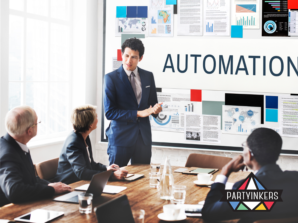 A business professional delivering a presentation on automation benefits during a corporate meeting, with data and analytics displayed.