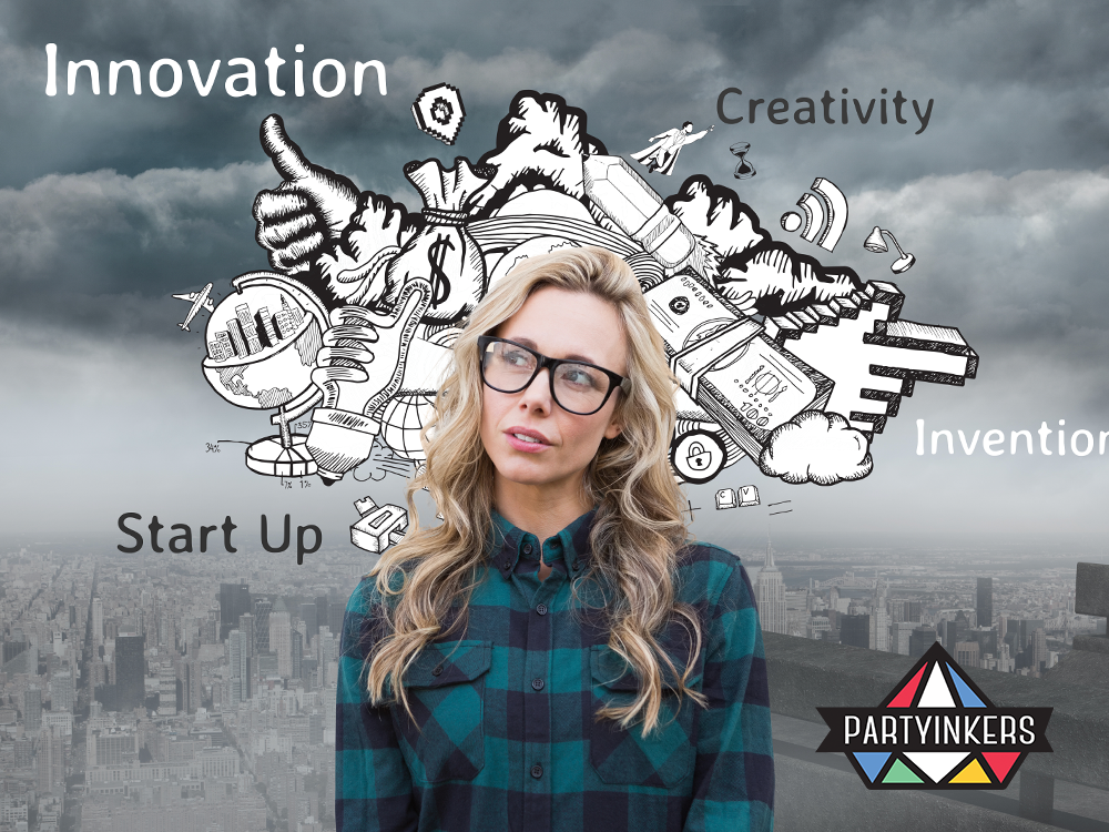 A creative professional thinking about innovation and creativity, visualized with graphic elements of startups and inventions.
