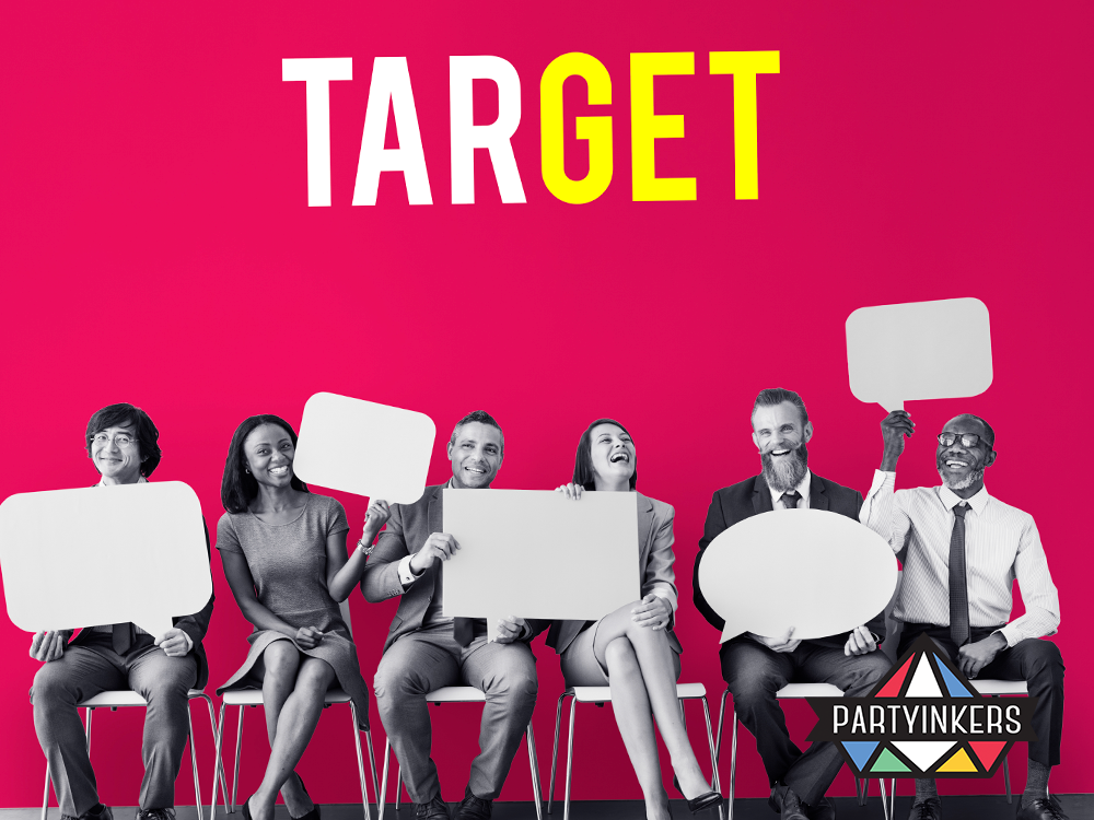 A diverse group of professionals holding target message boards, showcasing audience engagement in marketing strategies.