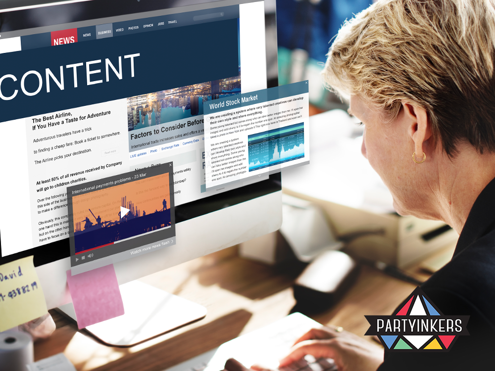 A businesswoman analyzing online content and market trends on a computer screen, representing data-driven insights.