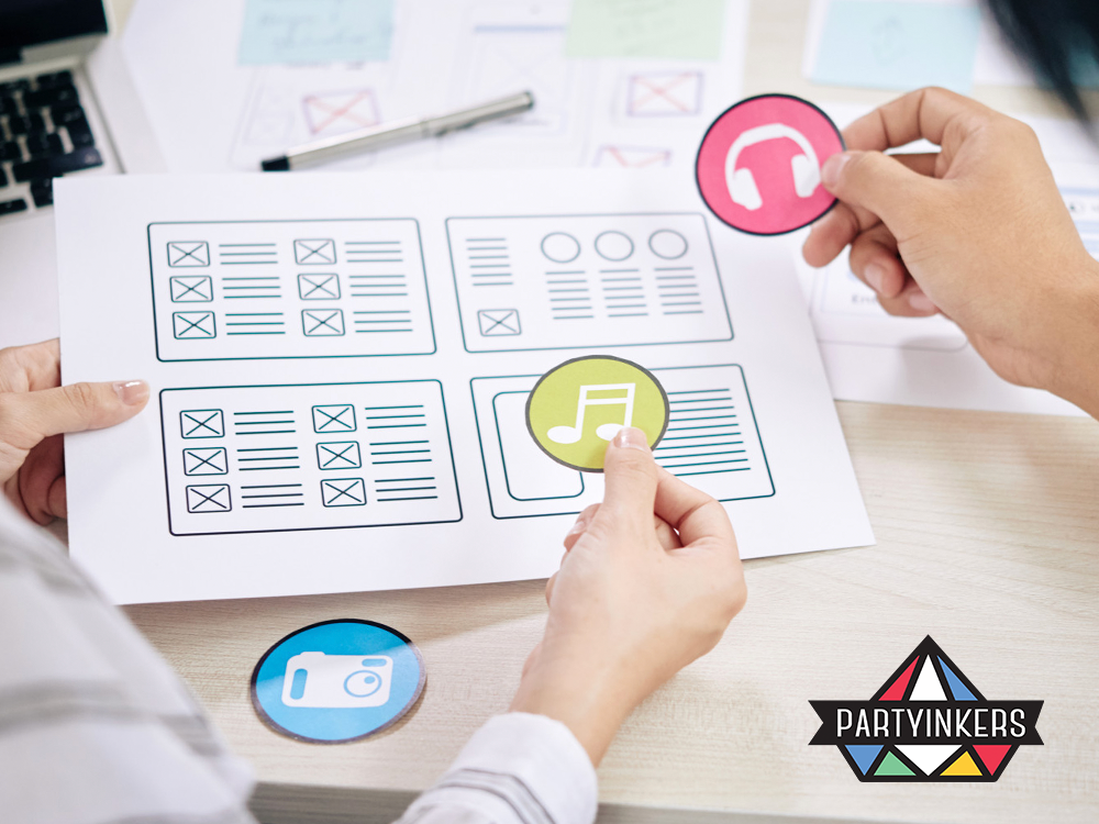 Professionals collaborating on user interface design elements for digital experiences, emphasizing interactive content creation.