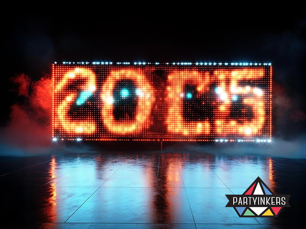 A glowing LED screen with the text "2025," reflecting modern technology and futuristic event displays.