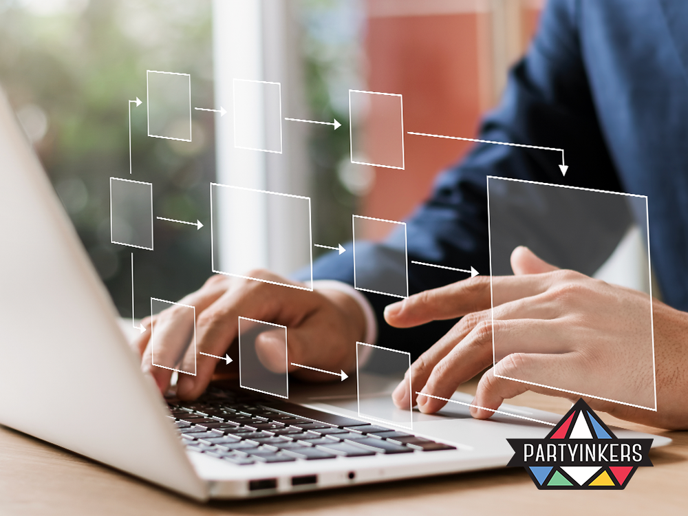 A person typing on a laptop with a visual flowchart overlay, symbolizing process mapping and workflow optimization.
