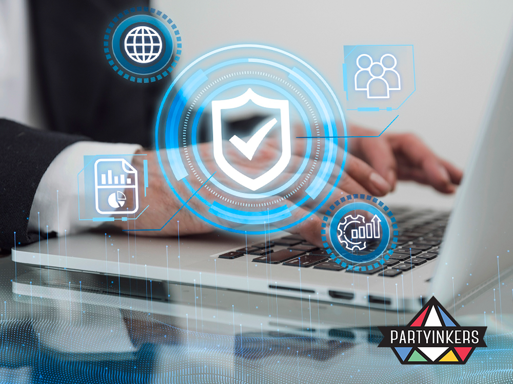 Close-up of hands on a laptop keyboard, surrounded by a digital shield and analytics icons, showcasing cybersecurity and data protection.