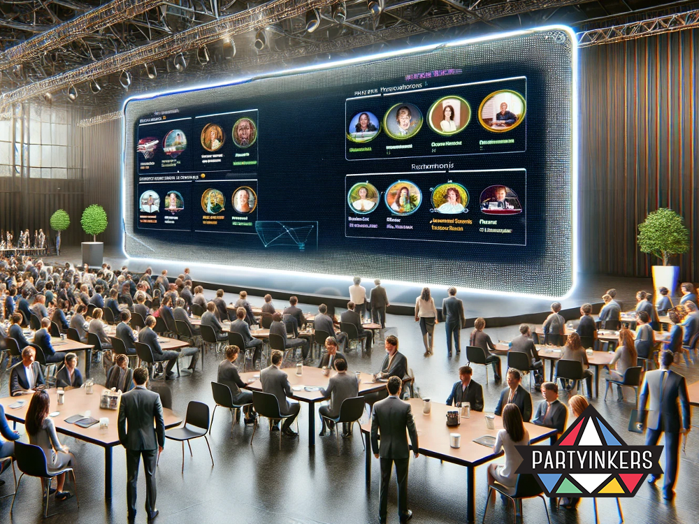 A futuristic conference showcasing a digital screen with attendee information and profiles.