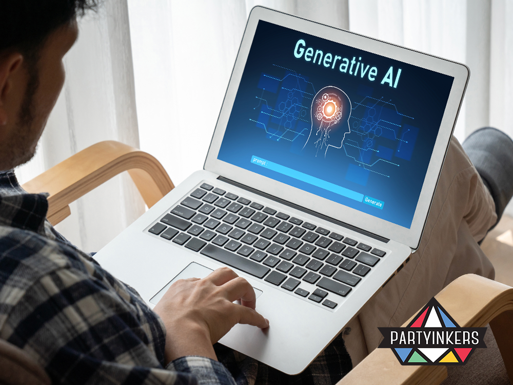 A man working on a laptop displaying "Generative AI" on the screen, symbolizing advanced AI tools and creative innovation.