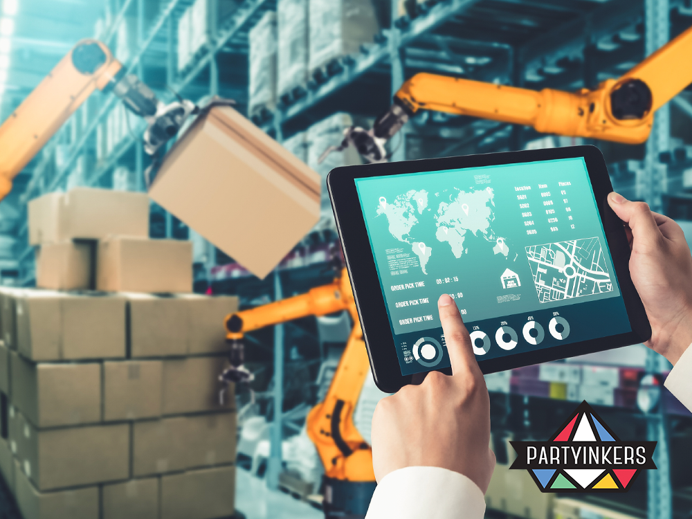 Robotics and automation in logistics, with a touchscreen interface managing warehouse operations.