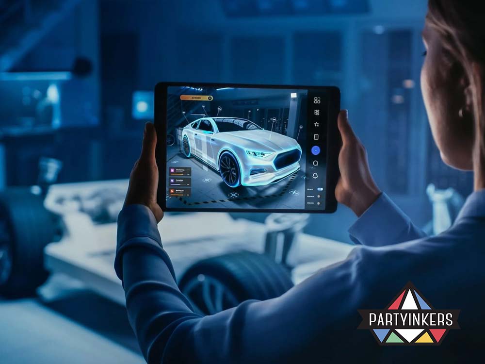 A person holding a tablet displaying a 3D augmented reality design of a car in a high-tech workshop environment.