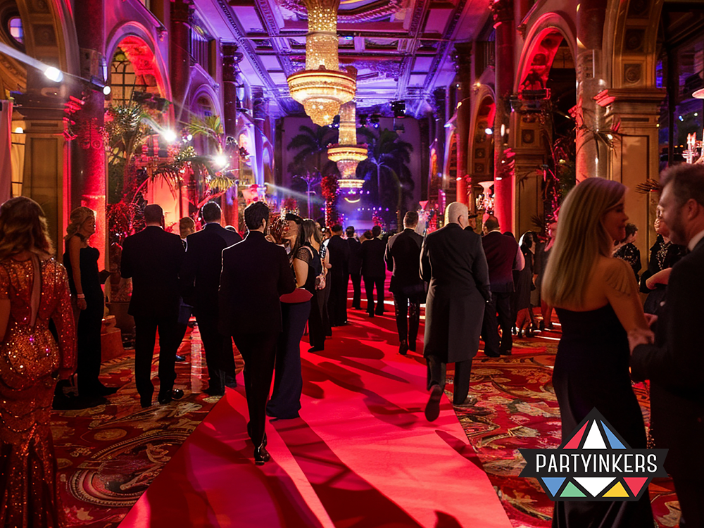 VIP guests mingle at a prestigious gala event, walking along a red carpet that stretches through a magnificently decorated hall with elaborate architecture and luxurious lighting. The ambiance is exclusive, reflecting the high-profile nature of the gathering, as attendees dressed in elegant formal wear engage in refined conversations under sparkling chandeliers.