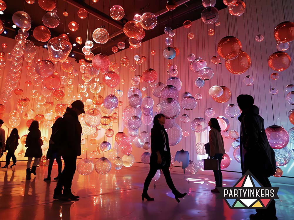 An immersive art installation featuring glowing, colorful hanging spheres that create a mesmerizing ambiance. Visitors are walking and admiring the display, surrounded by a vibrant blend of red, orange, and purple lighting.