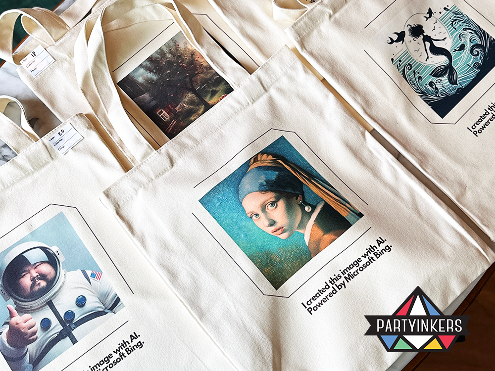 A collection of tote bags displayed neatly, featuring various AI-powered designs including classical art, space themes, and aquatic illustrations.