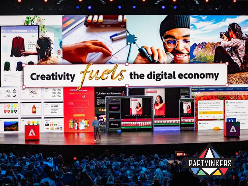 A dynamic Adobe conference stage showcasing digital creativity and marketing strategies, illustrating innovative brand activation ideas for engaging audiences