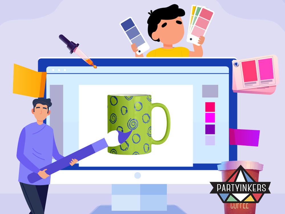An illustration of a creative design process for a customized mug, featuring vibrant colors and design tools like color swatches and digital brushes.