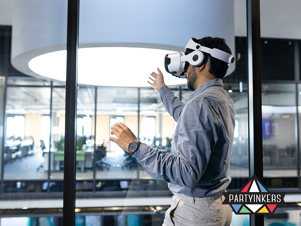 Professional using VR technology in a modern workspace, showcasing immersive and interactive conference entertainment ideas.