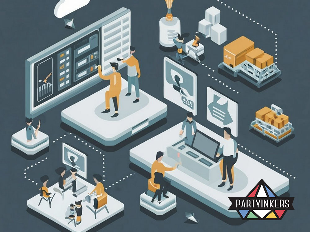 A visually engaging infographic representing a digital workflow, including team collaboration and inventory management processes.