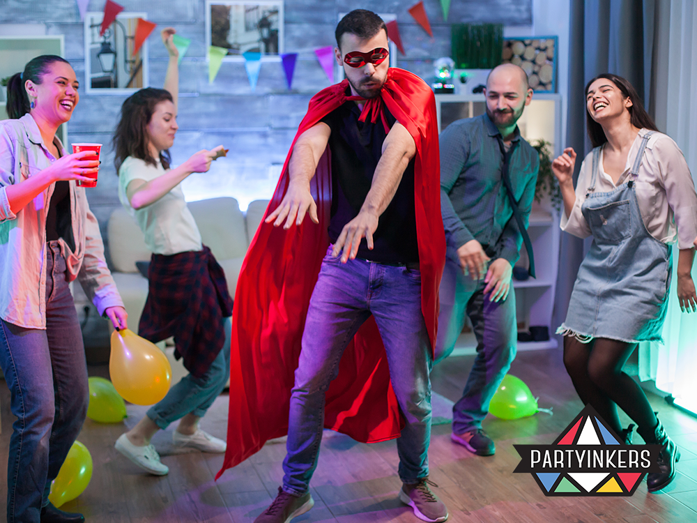 Guests enjoying superhero-themed conference entertainment ideas with a lively dance session