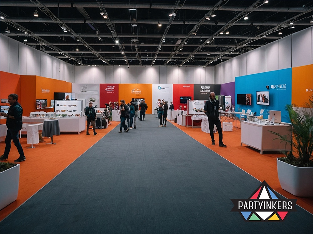 "Wide view of a trade show hall with colorful branded booths and attendees networking, showcasing a vibrant and interactive exhibition environment."