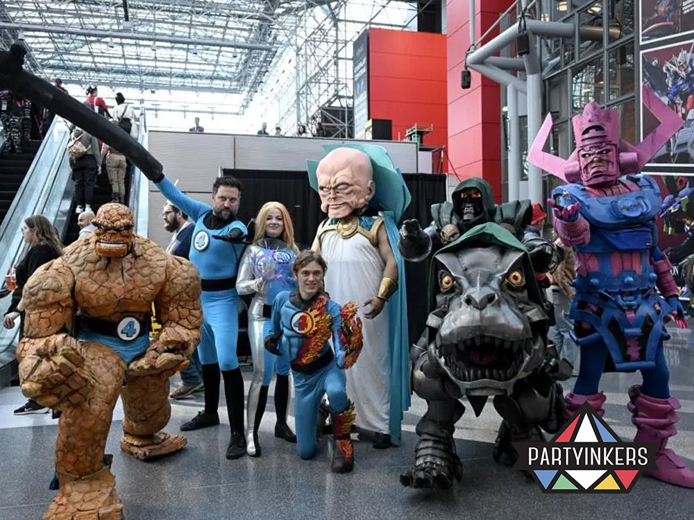 A group of cosplayers dressed as Fantastic Four characters at a convention, showcasing experiential brand activation ideas that captivate fans through interactive engagements.