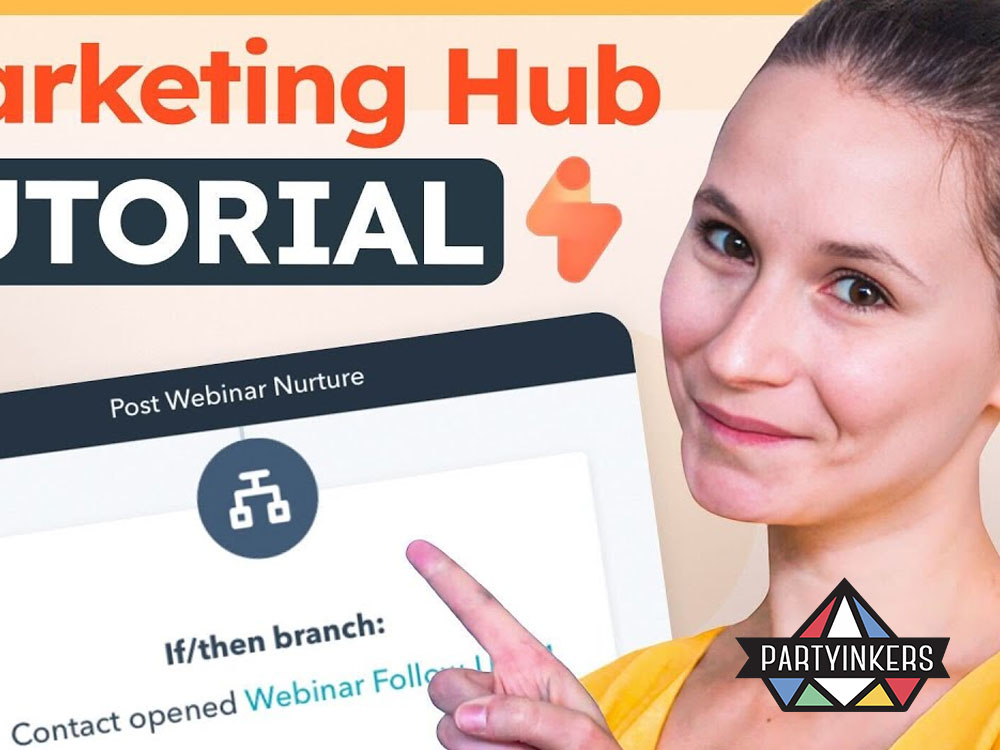 A marketing hub tutorial featuring a woman pointing at a digital workflow, highlighting educational brand activation ideas that engage customers through online content.