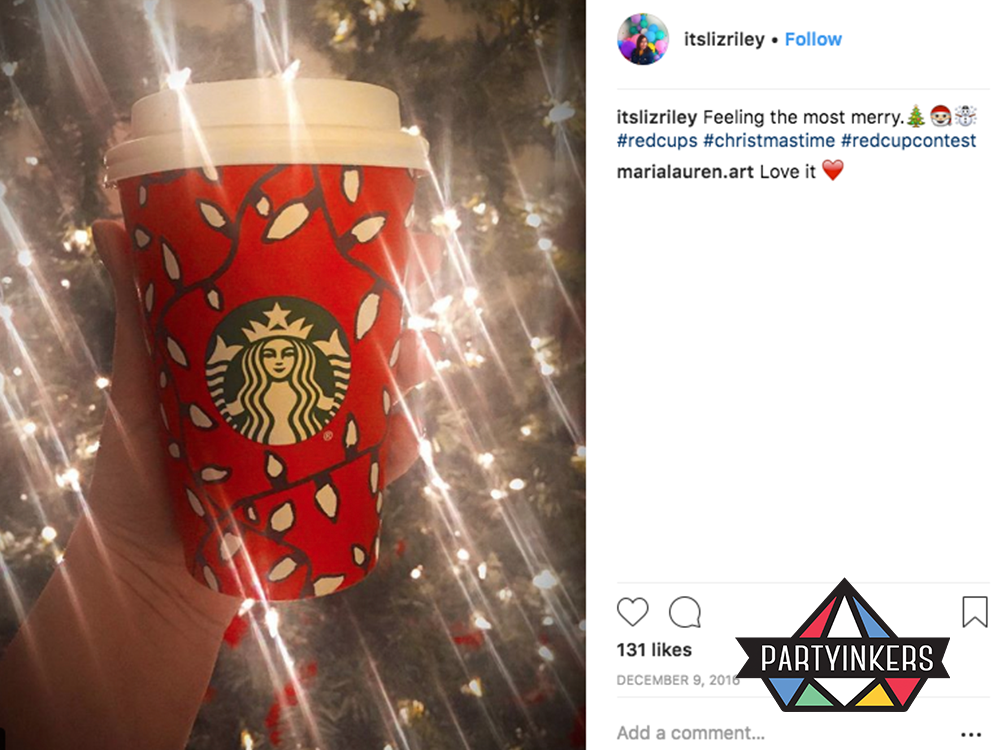 A Starbucks festive holiday cup in an Instagram post, illustrating creative brand activation ideas through seasonal promotions and user-generated content.