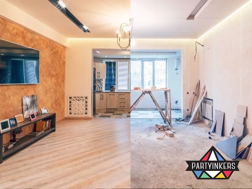 A before-and-after split image of a renovated home, illustrating brand activation ideas for home improvement businesses through visual storytelling.
