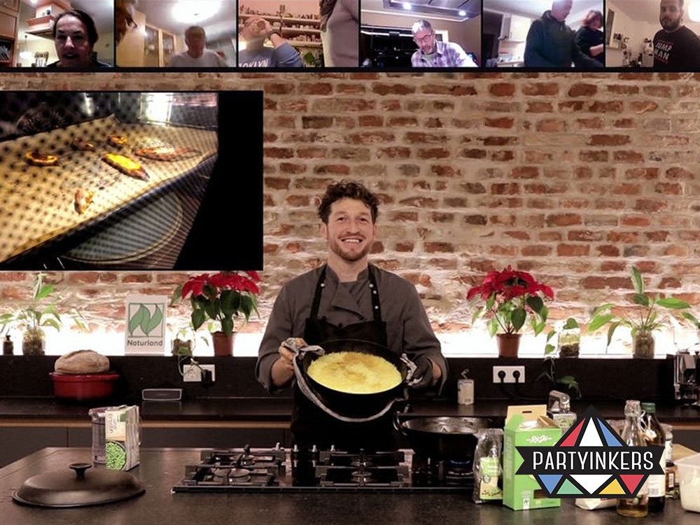 Chef hosting a virtual cooking class for employees during an interactive virtual corporate event.