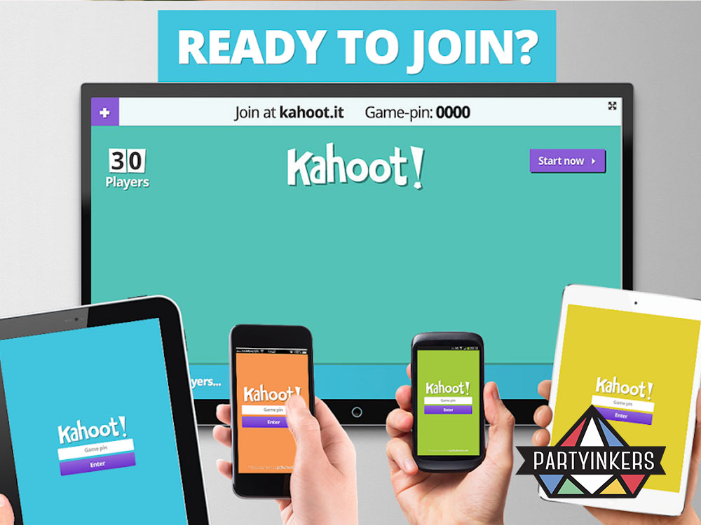 Employees using Kahoot for a virtual trivia game during a virtual corporate event.