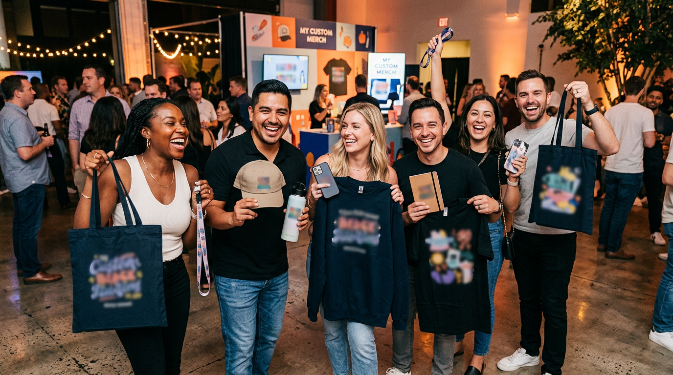 Event guests holding freshly printed personalized merchandise at a live printing activation