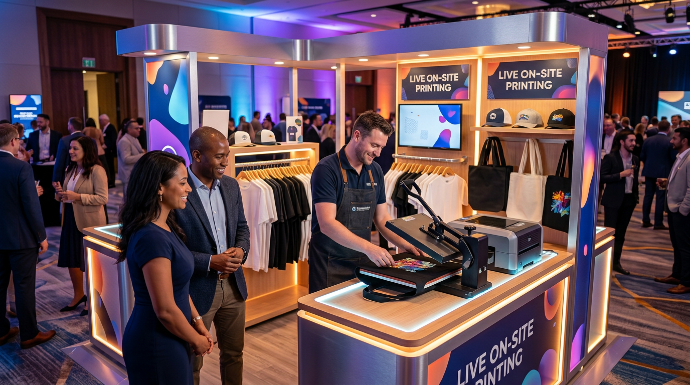 Live event printing activation booth with guests watching personalized merchandise being printed