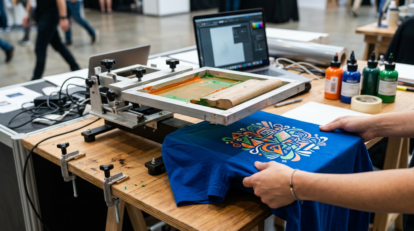 Close-up of live printing equipment creating personalized event merchandise